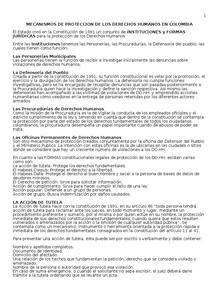 Mecanismos de Proteccion de Los Derechos Humanos en Colombia | PDF ...