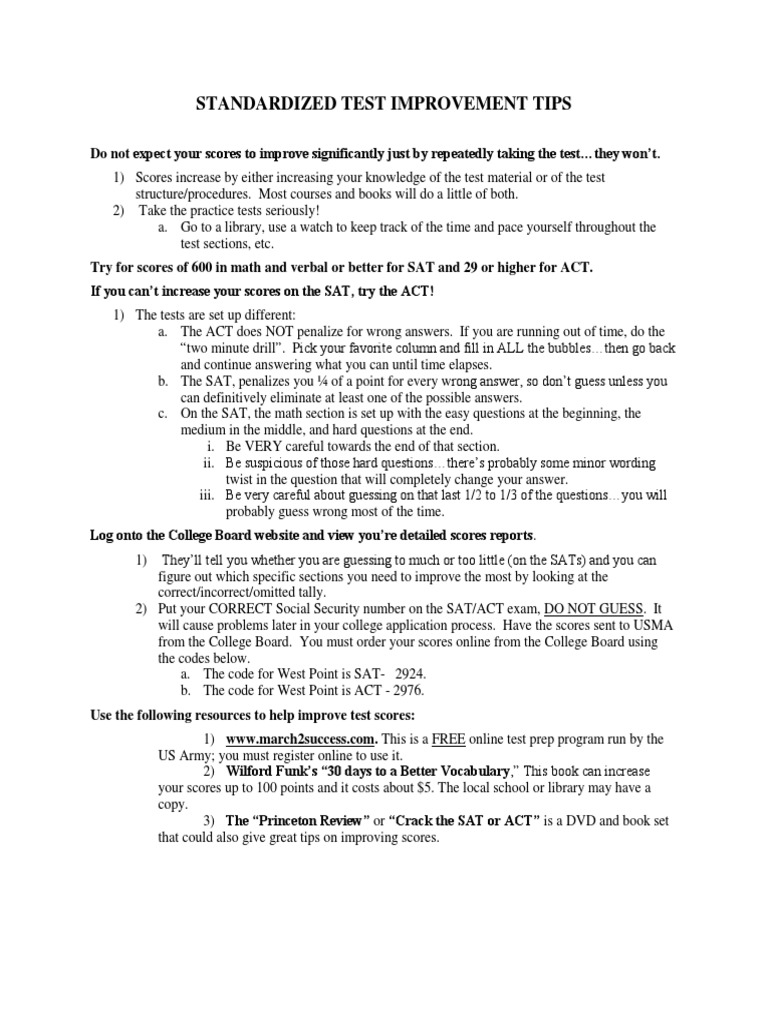 Standardized Test Score Improvement Tips | PDF | Sat | Act (Test)