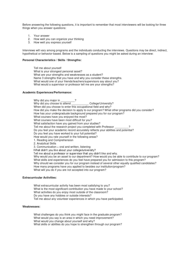 Grad School Interview Questions PDF Graduate School University