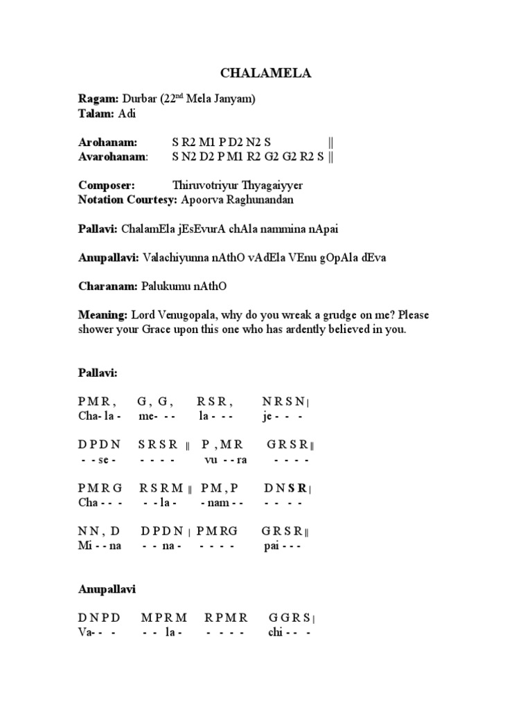 Chalamela Varnam in Durbar Ragam | PDF