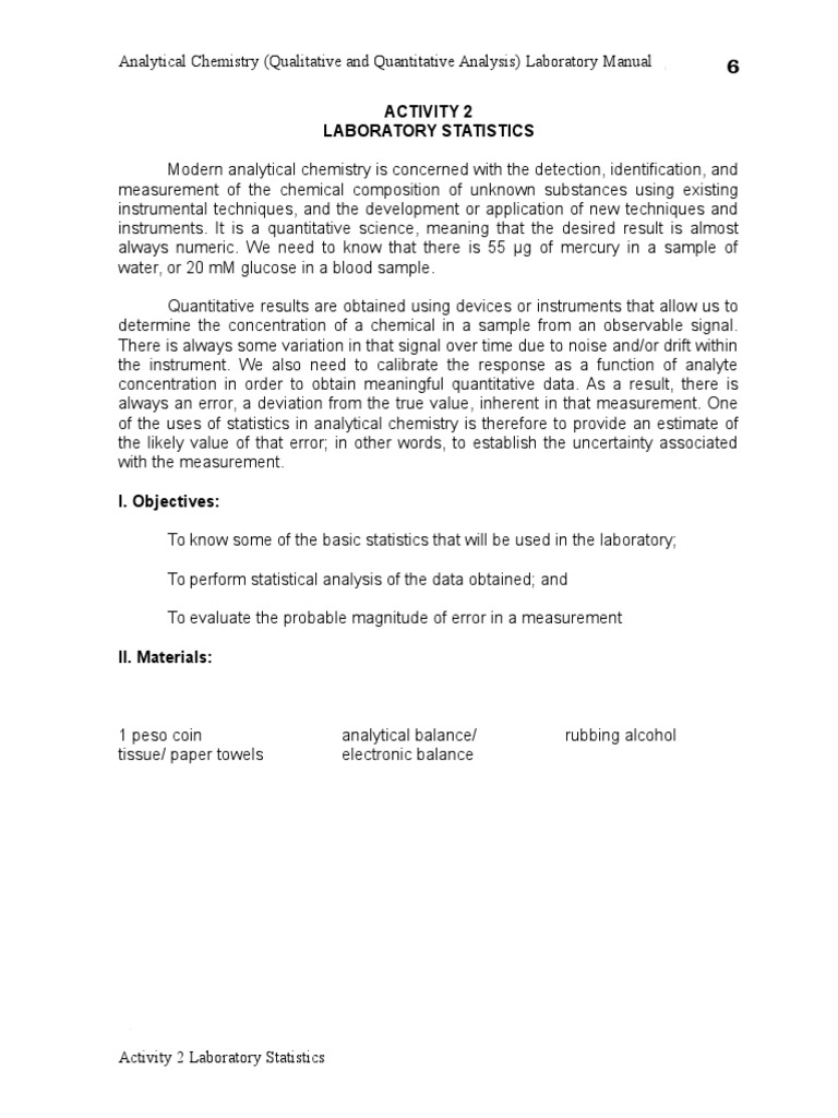 Activity 2 Laboratory Statistics | PDF | Analytical Chemistry | Level ...