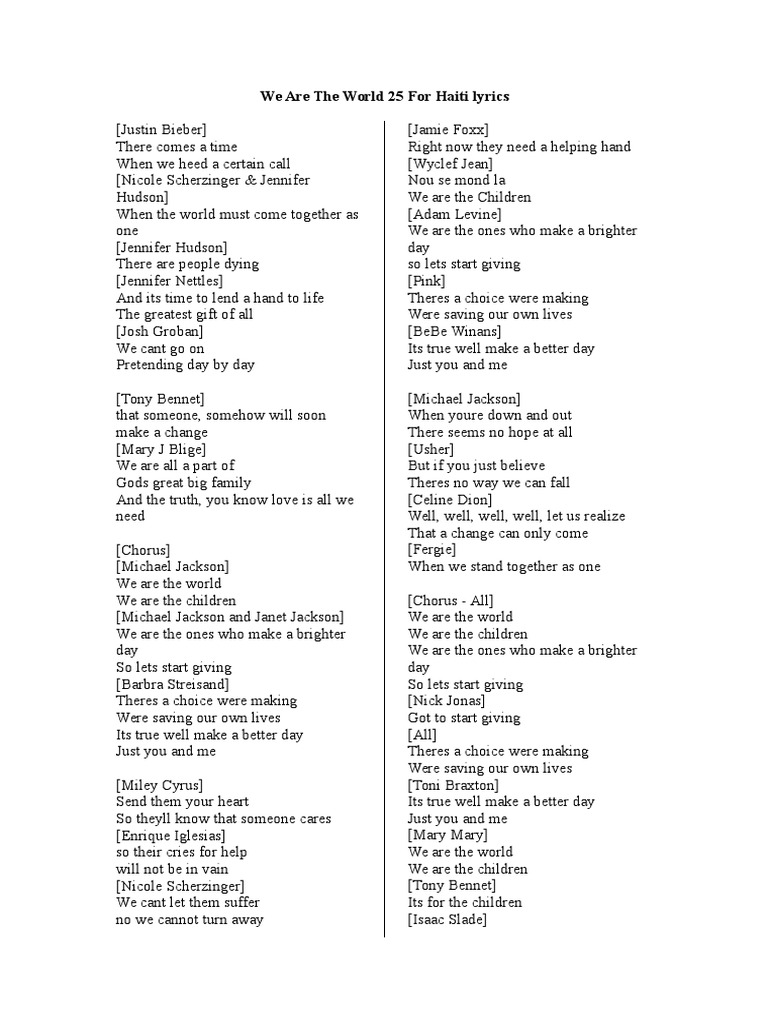We Are The World 25 For Haiti Lyrics PDF American Musicians Music Industry