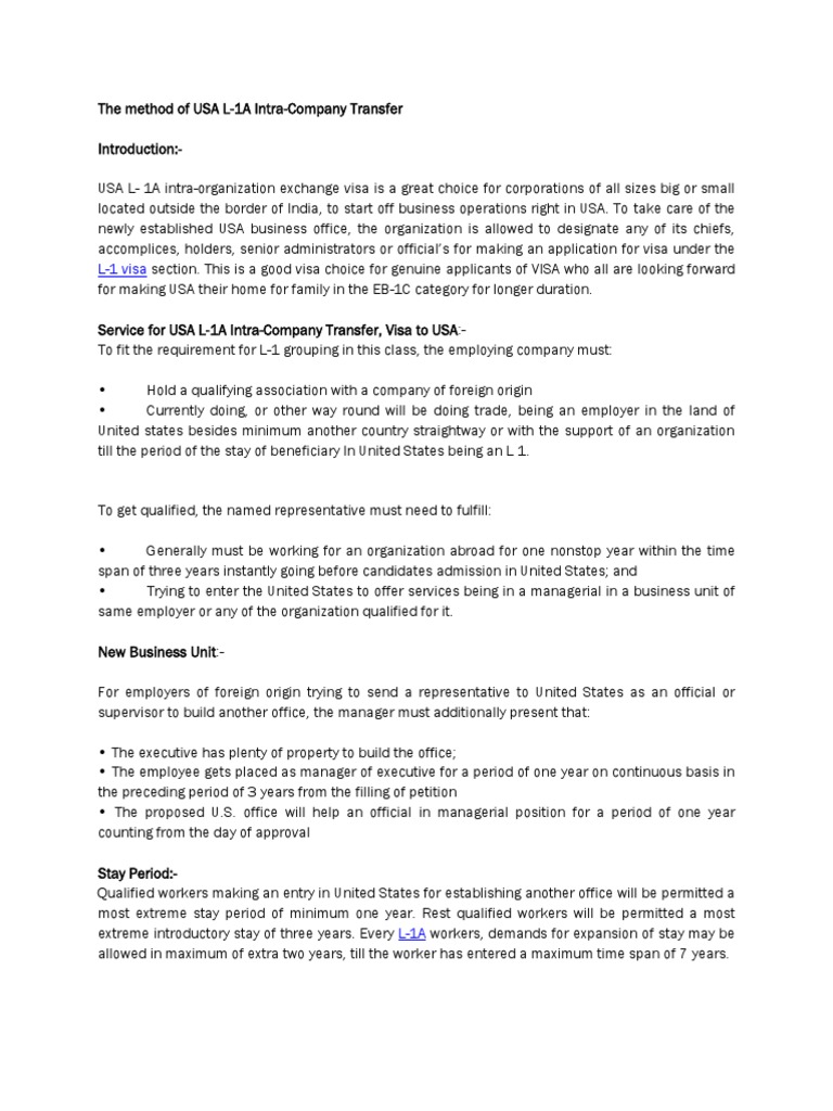 L1 visa Travel Visa Employment