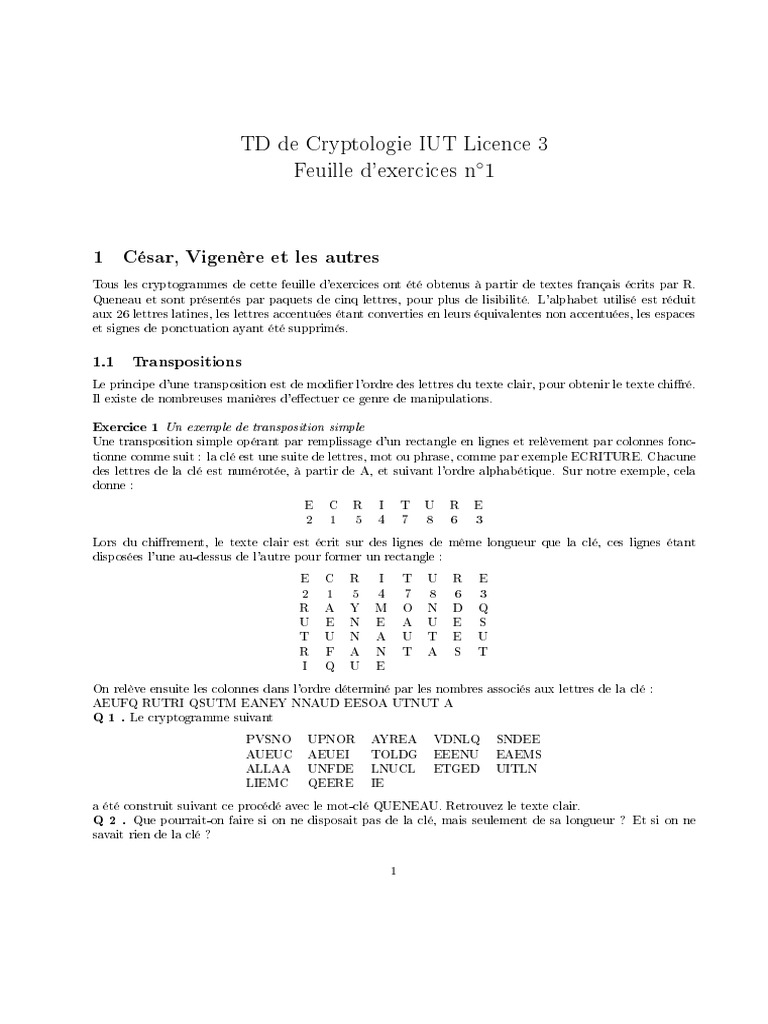 Cryptologie : Transpositions et Substitutions | PDF | Cryptographie |  Technique du renseignement