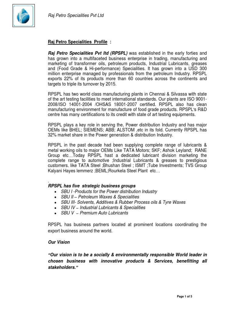 Raj Petro (Profile) PDF PDF Motor Oil Lubricant