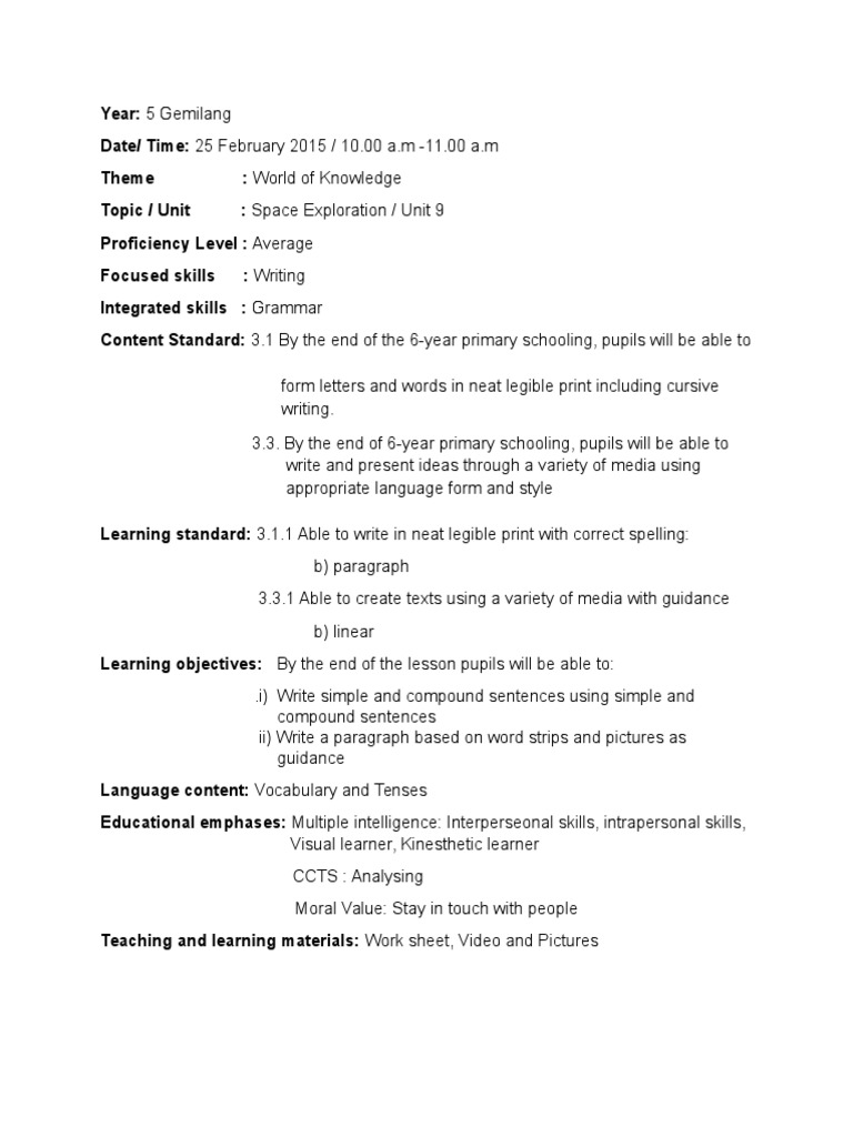 Year 5 Writing Lesson Plan: Space Exploration | PDF | Lesson Plan ...