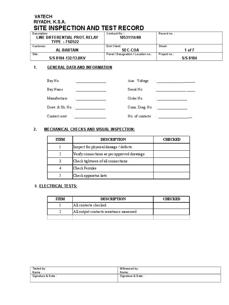 Site Inspection Record for 7SD522 Relay | PDF | Relay | Electronic ...