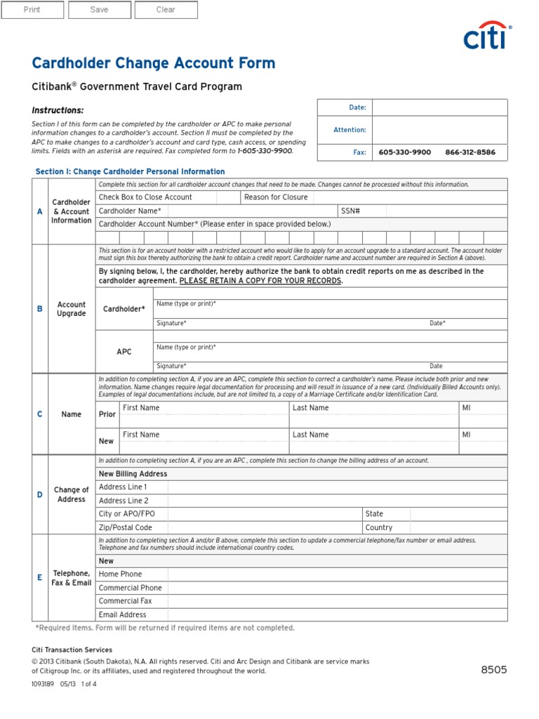 Citibank Government Travel Card Program Change Form PDF Credit Card