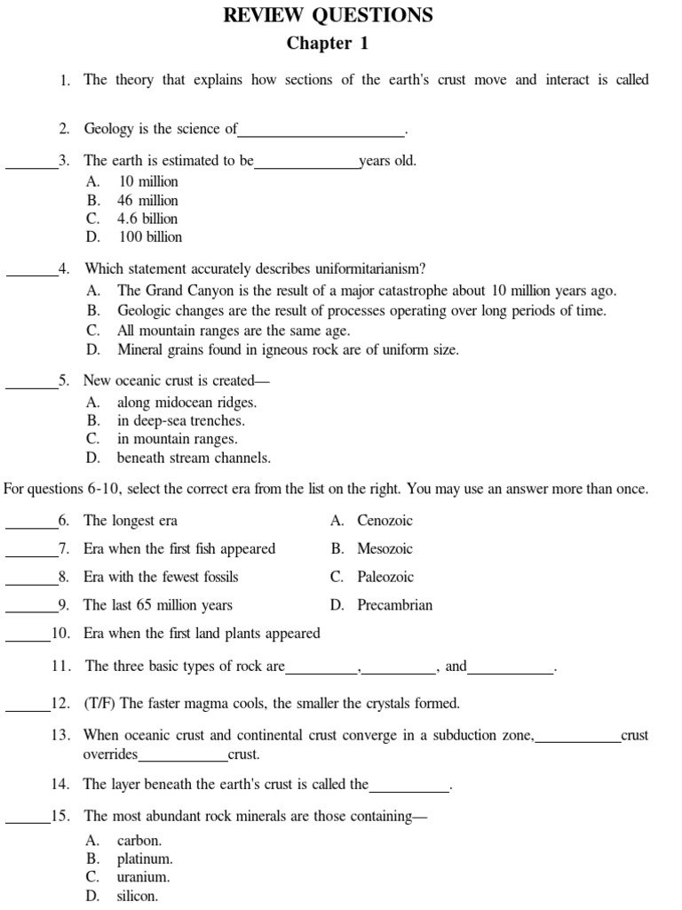 Geology Review Questions Chapter 1 | PDF