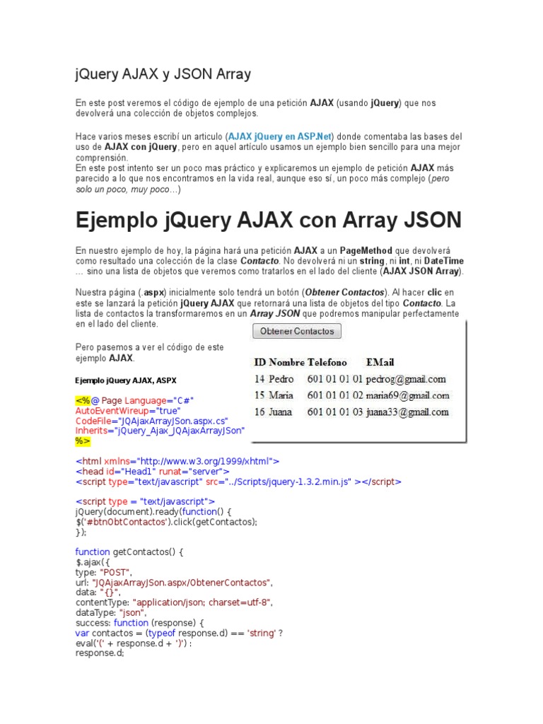 jQuery AJAX con JSON Array en ASP.NET | PDF | Servidor web | Internet y web