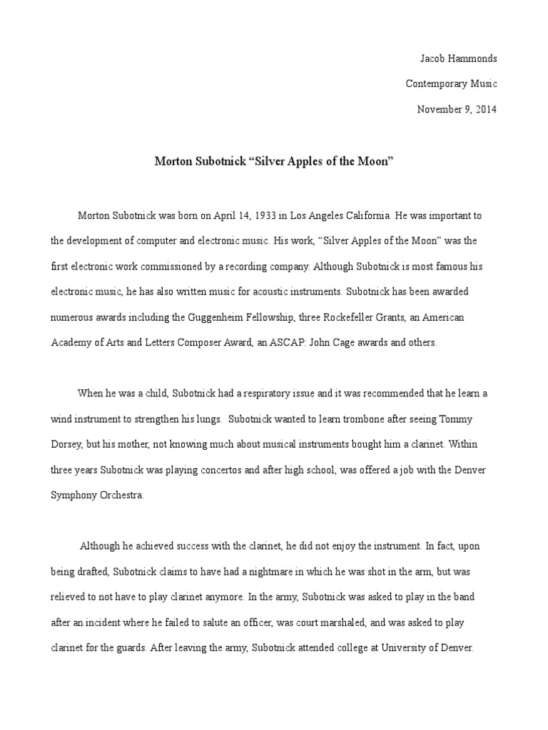 Morton Subotnick "Silver Apples of The Moon" PDF Electronic Music