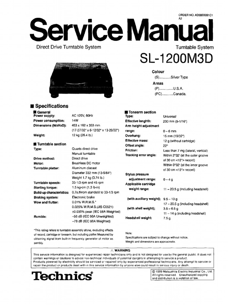 Technics SL1200M3D Service Manual | PDF | Phonograph | Fuse