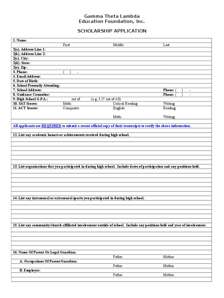 Gamma Theta Lambda Scholarship Application | PDF | Further Education ...