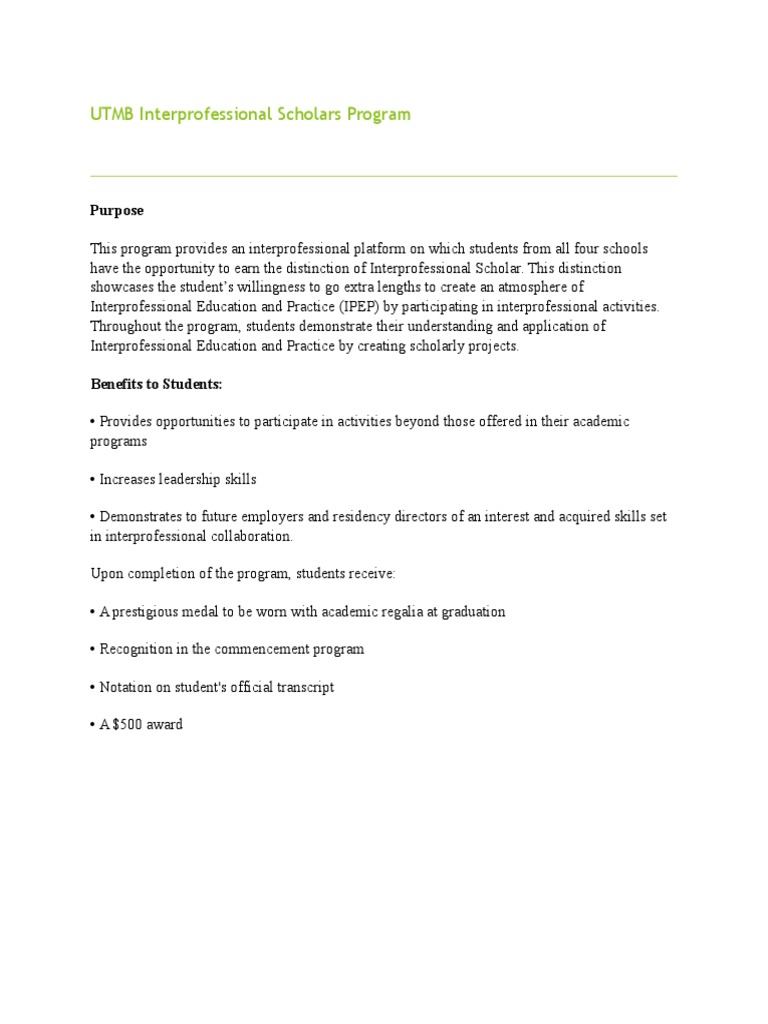 UTMB Interprofessional Scholars Program | PDF