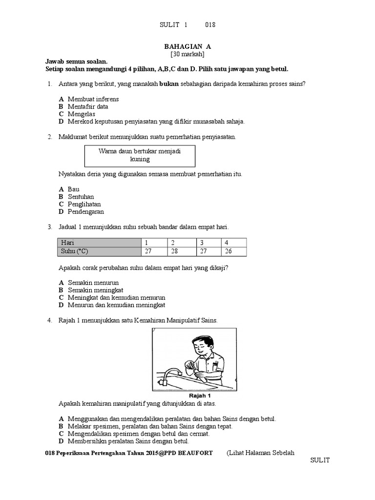 Soalan Sains Tahun 4 (Penggal 1) 2015