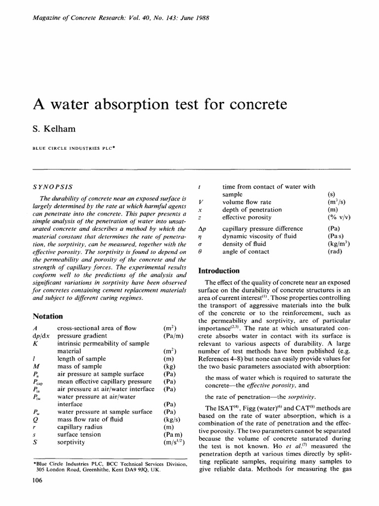 A Water Absorption Test for Concrete Concrete Continuum Mechanics