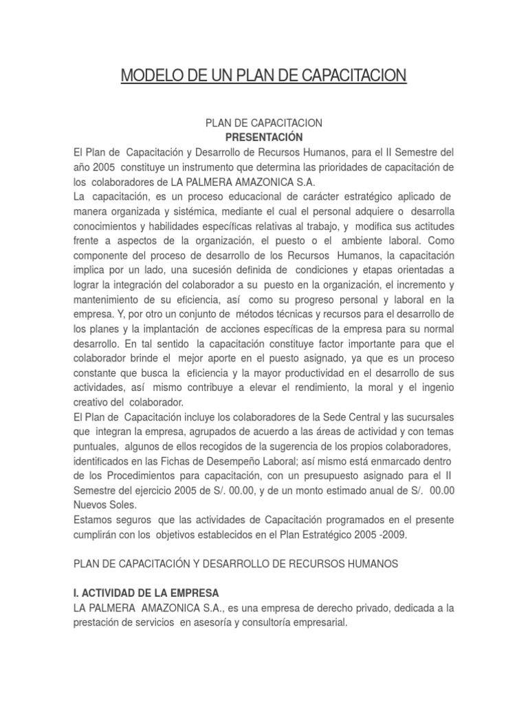 Modelo de Un Plan de Capacitacion | PDF | Planificación | Gestión de ...