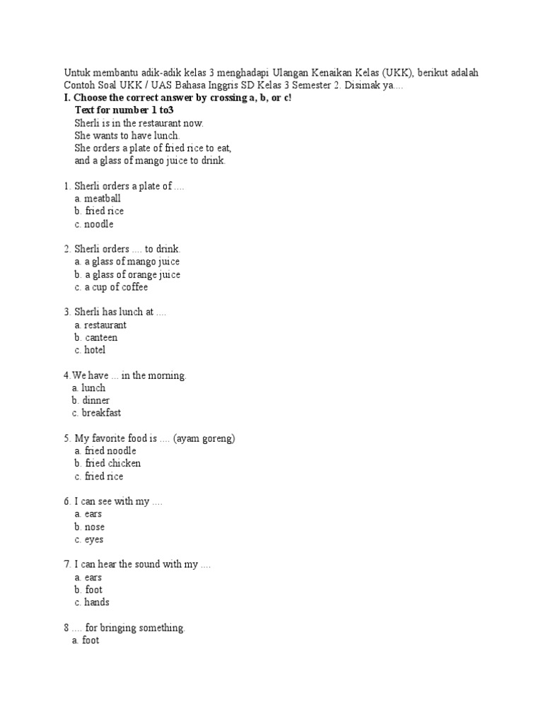 Contoh Soal Uas Bhs Inggris Kelas 3 | Food And Drink ...