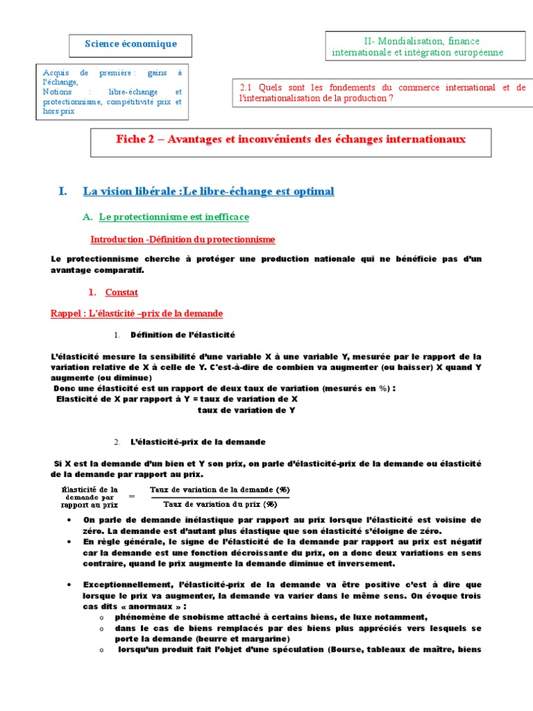 Quels Sont Les Fondements Du Commerce International Dissertation Corrigé Leçon 2 - Avantages Et Inconvénients Des Échanges Internationaux - Odt |  PDF | Protectionnisme | Élasticité (économie)