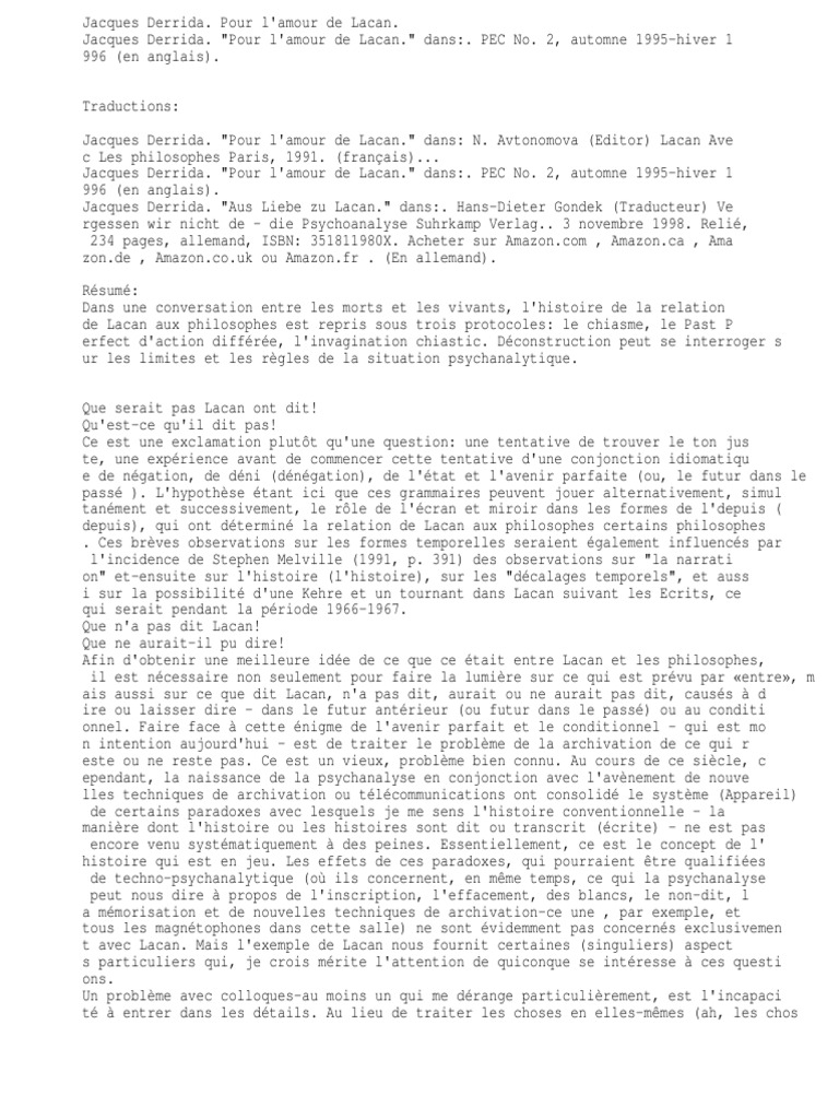 Jacques Derrida Pour L Amour De Lacan Jacques Lacan Martin Heidegger