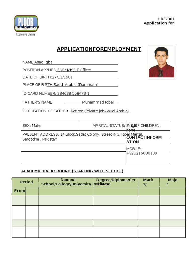 PLDDB Application For Employment | PDF