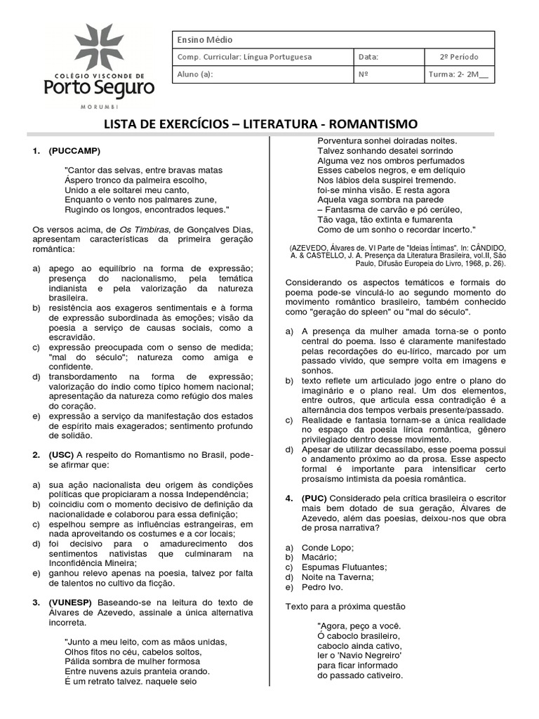 Exercícios de Literatura: Romantismo | PDF | Romantismo | Poesia