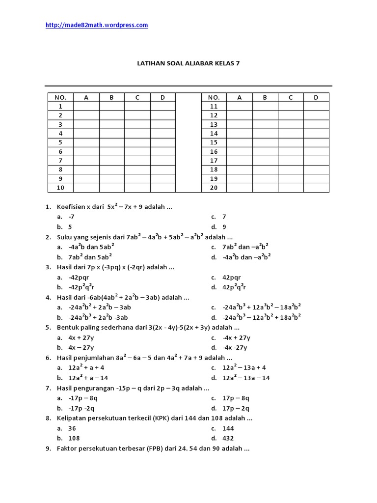 Latihan Ulangan Aljabar Smp Kelas Vii Pdf