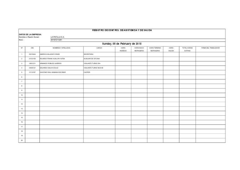 Modelo de Registro de Control de Asistencia y de Salida
