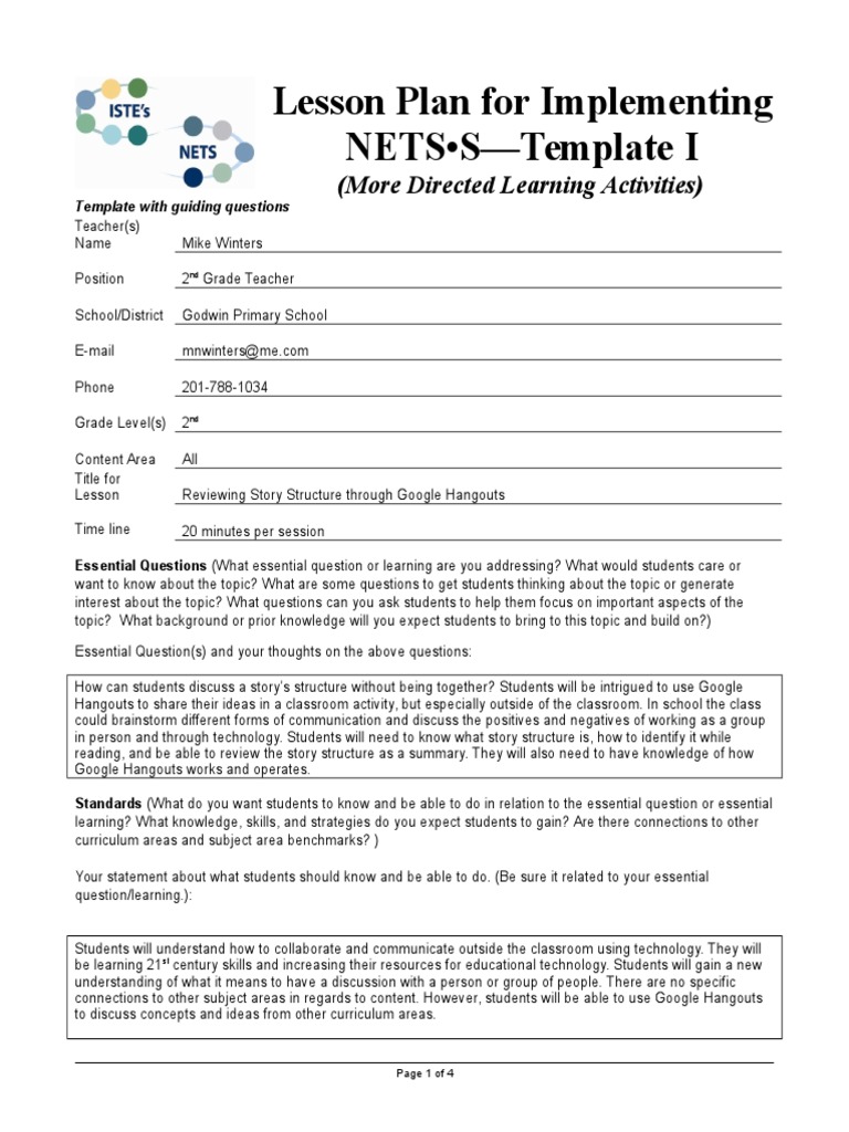 Lesson Plan For Implementing NETS - S-Template I: (More Directed ...