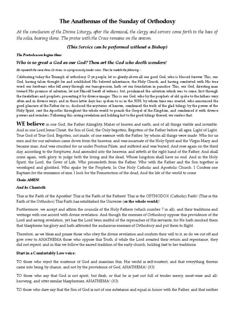 Anathemas of the Sunday of Orthodoxy | PDF | Eastern Orthodox Church ...