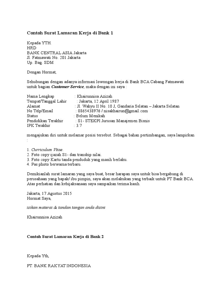 Contoh Surat Lamaran Kerja Ke Bank Bca - Berbagi Contoh Surat