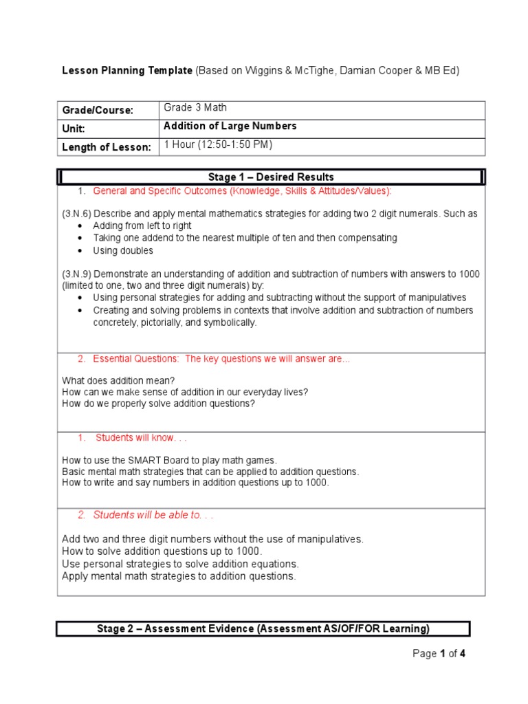Addition Lesson Plan (Math) | Educational Assessment | Educational