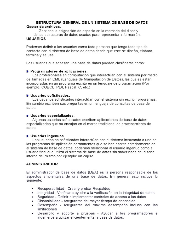 Estructura de un Sistema de Base de Datos | PDF | Bases de datos ...