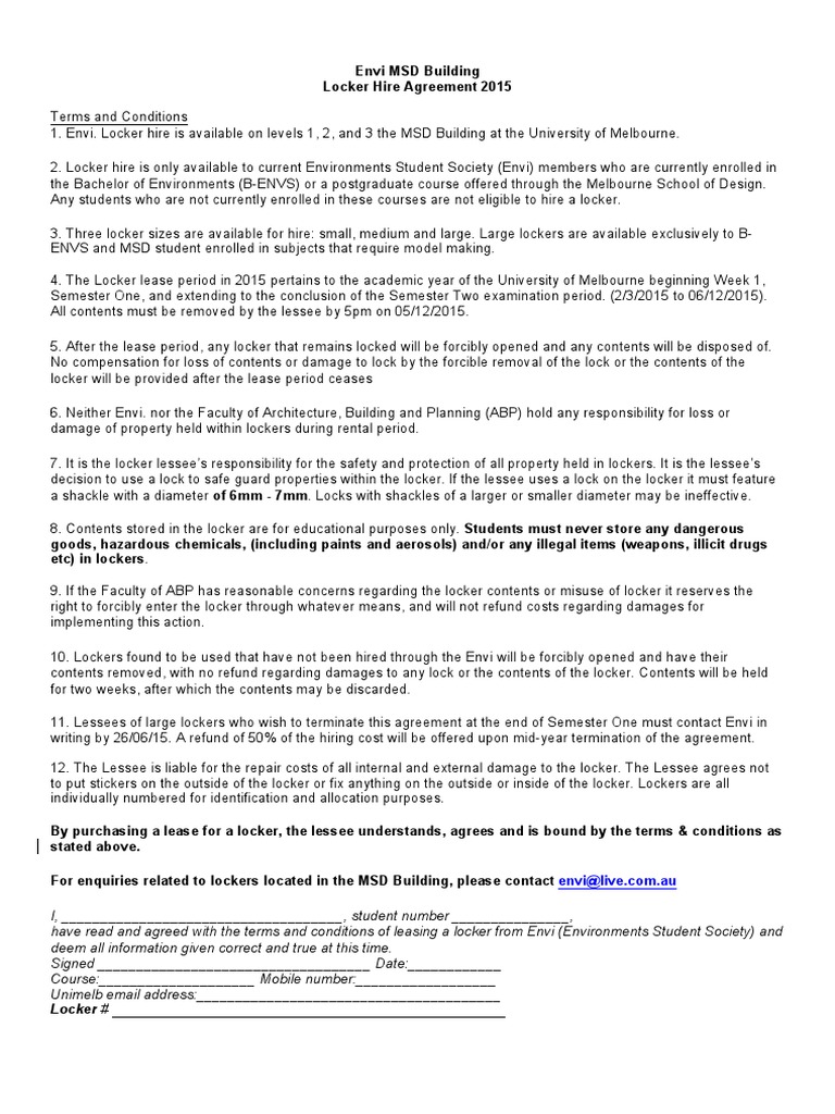 Locker Hire Agreement 2015 | PDF | Lease | Academic Term