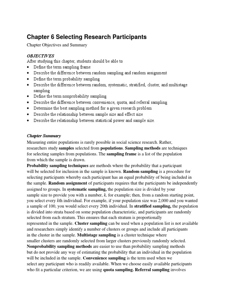 Chapter 6 Selecting Research Participants: Objectives | PDF ...