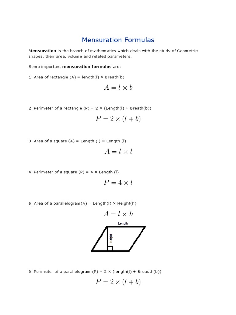 Mensuration Formulas Area Triangle