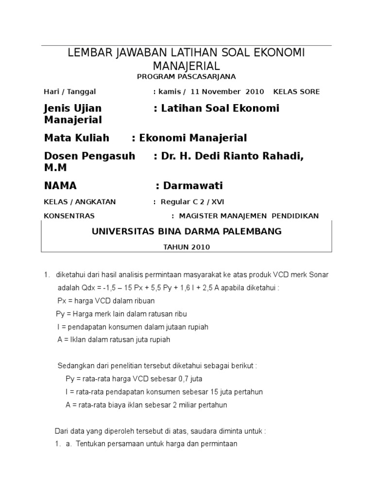 Soal Fungsi Permintaan Ekonomi Manajerial Edukasi Lif Co Id