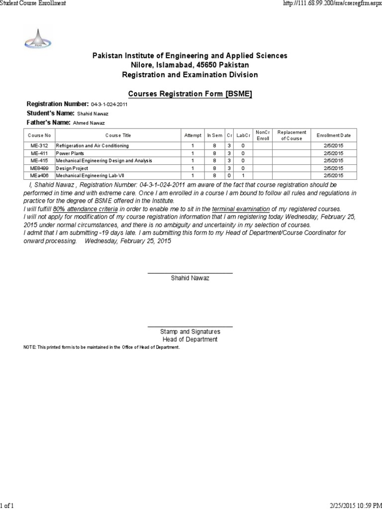 BSME Course Registration Form | PDF | Technology & Engineering