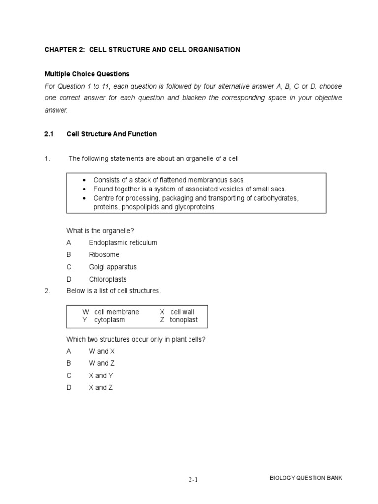 Chapter 2: Cell Structure Quiz | PDF | Tissue (Biology) | Cell (Biology)