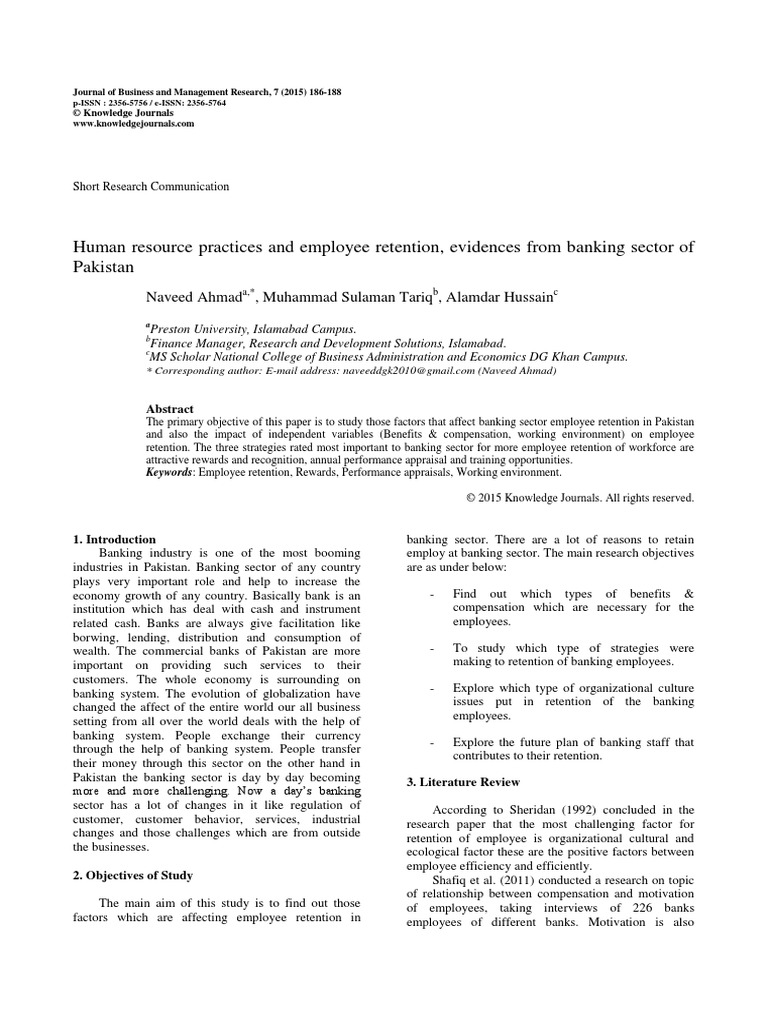 Human Resource Practices and Employee Retention, Evidences From Banking ...