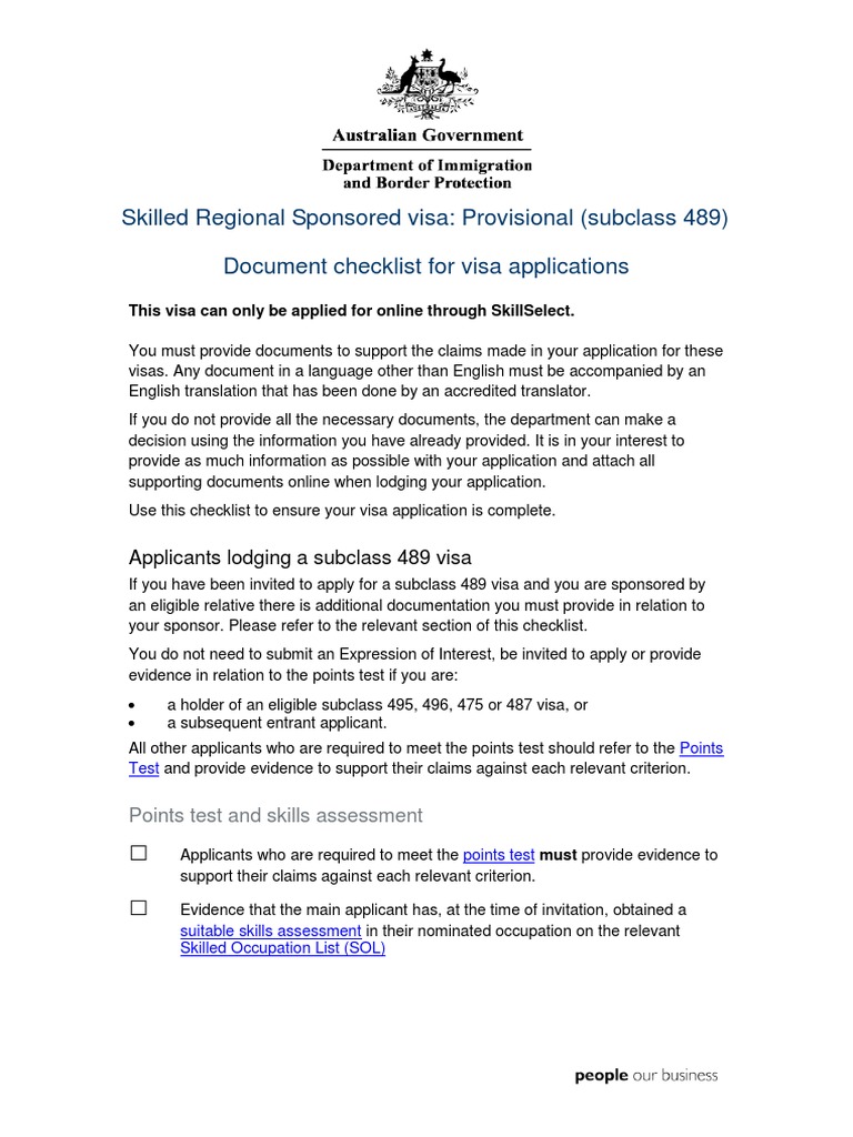 489 Applicant Checklist Travel Visa Birth Certificate