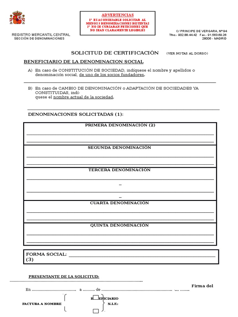 Certificación Negativa de Denominación Social
