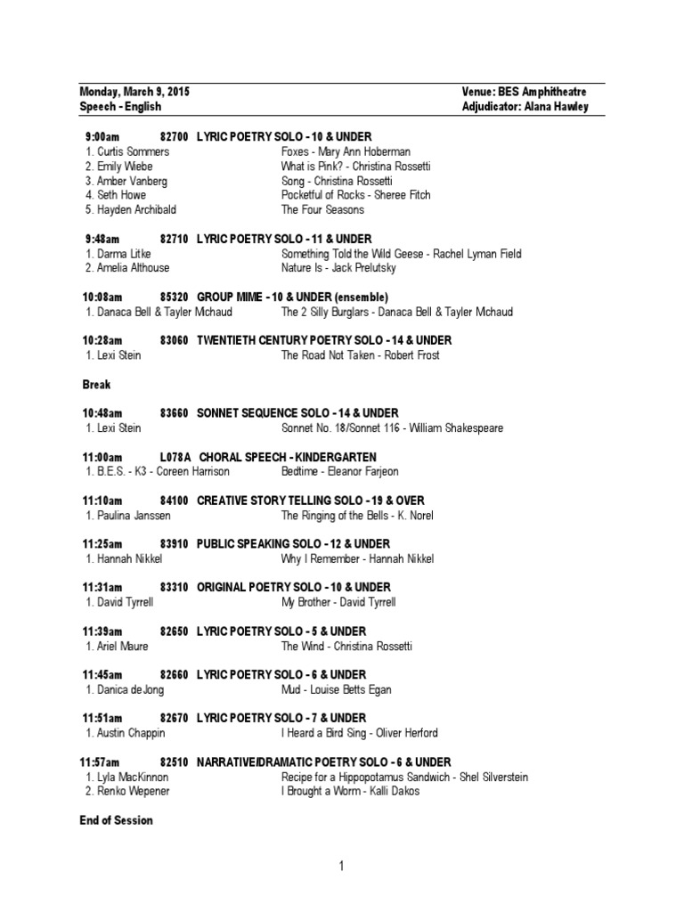 Poetry and Speech Festival Schedule | PDF | Sonata | Opus Number