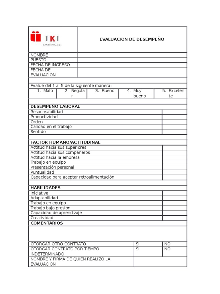 Formato De Evaluacion De Desempeño Pdf