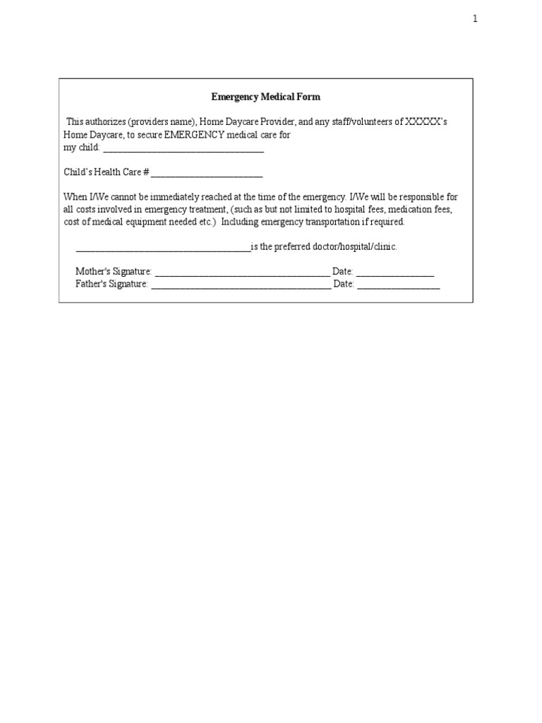 Emergency Medical Authorization Form | PDF | Wellness