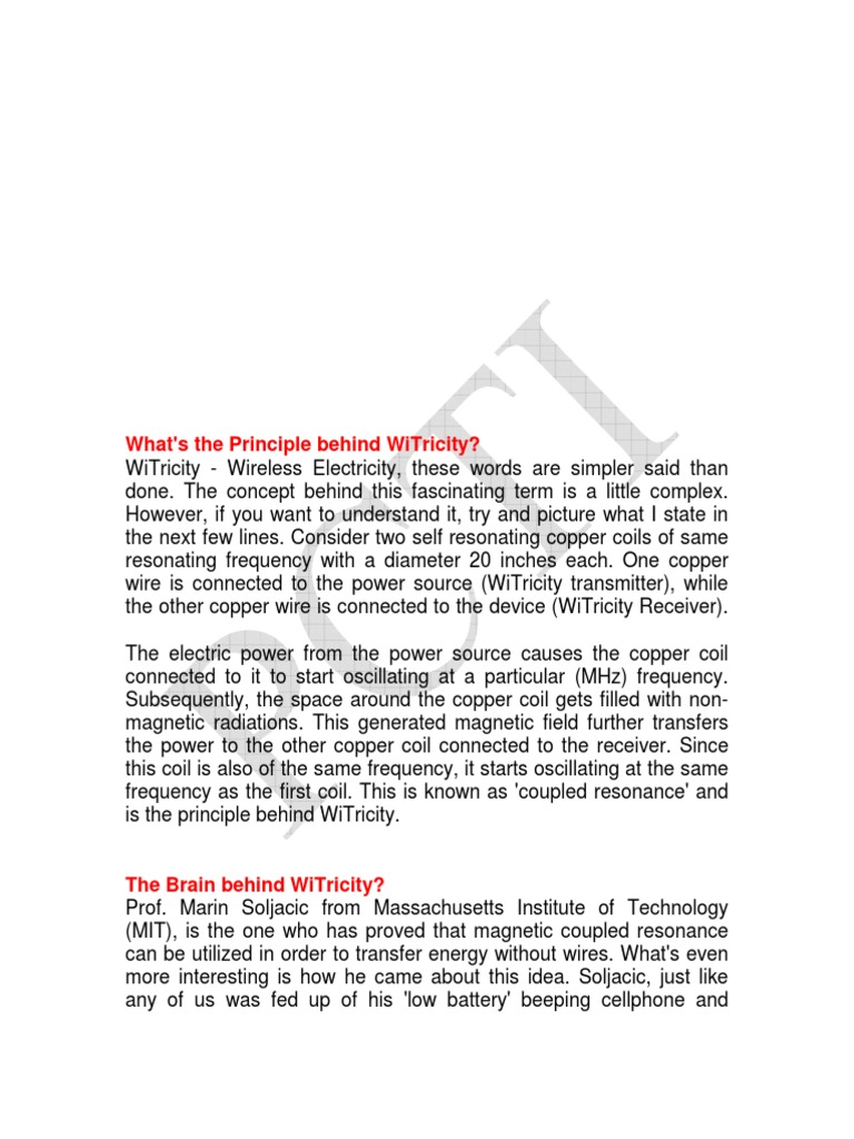 Wireless Electricity Without Wires The Promise and Principle of