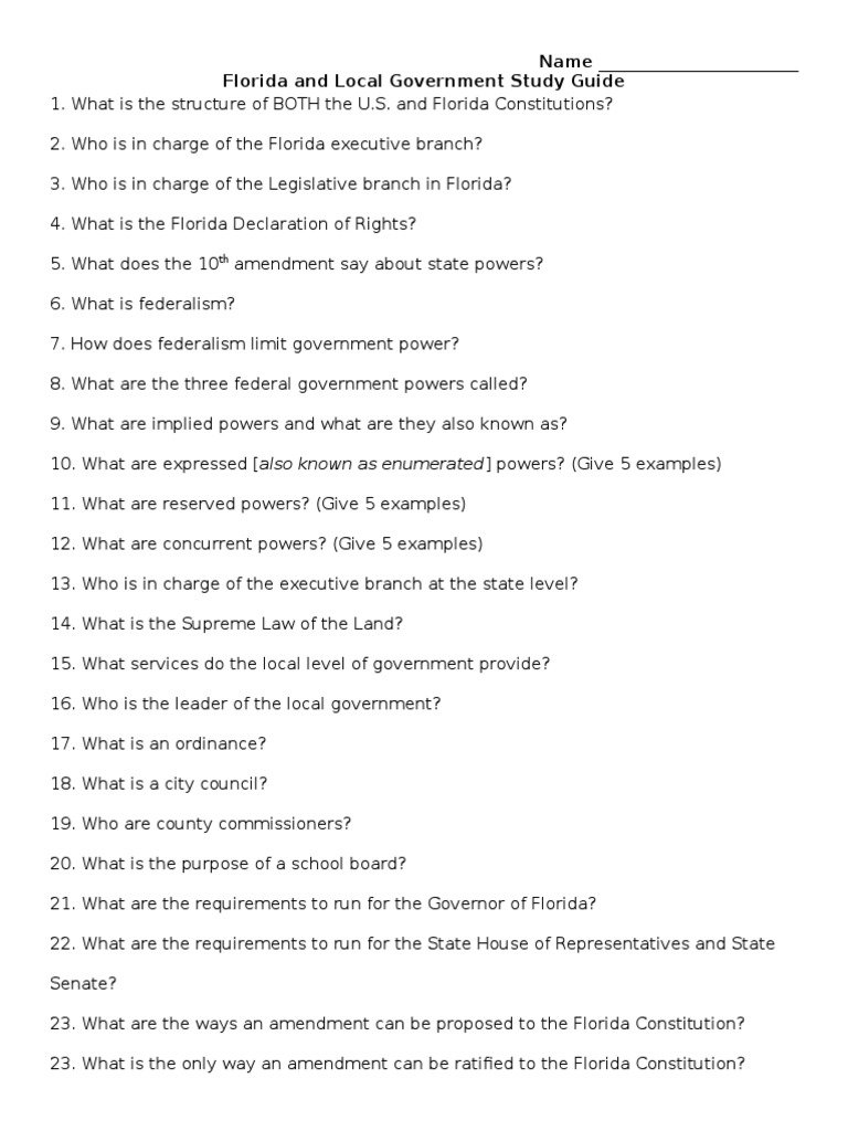 Florida Government Structure Study Guide | PDF