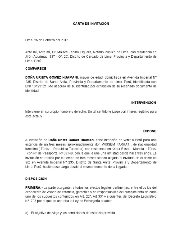 Carta de Invitación a Extranjero  Perú  Política  Free 30day Trial