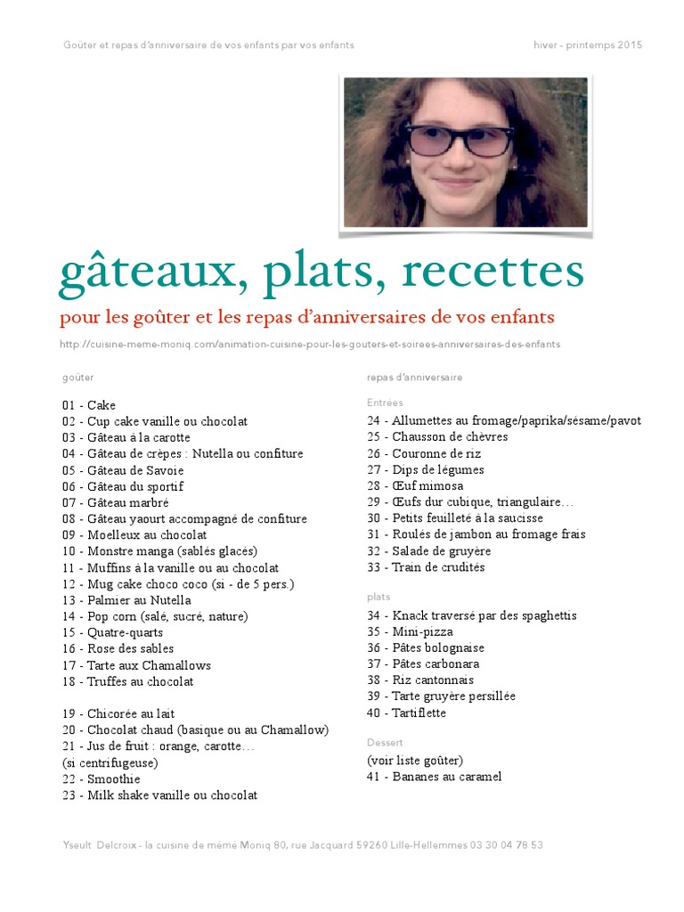 Liste Plats Et Recettes Gouter Et Repas D Anniversaire De Vos Enfants Pdf