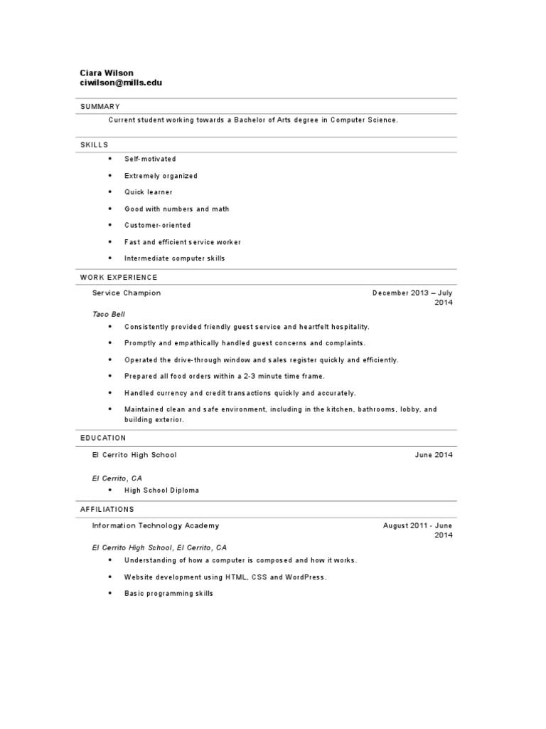 Work Study Resume PDF
